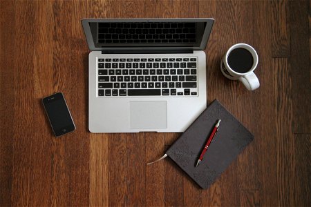 Macbook Laptop with iPhone, Coffee & Journal