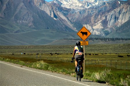 Bicyclist on Road in Mountain Countryside photo
