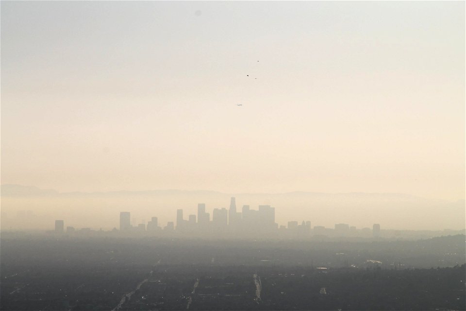 Distant Downtown City Buildings in Smog photo