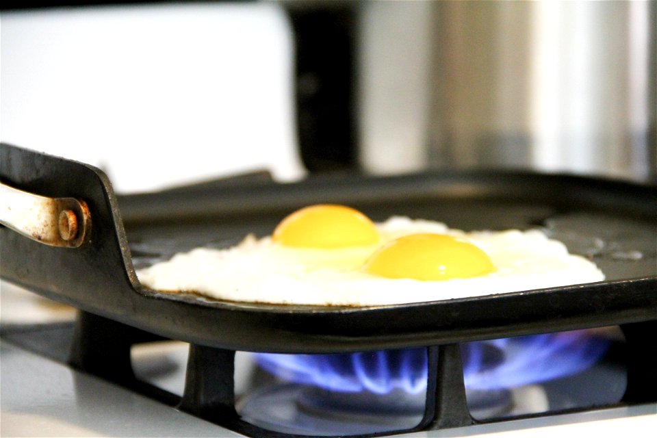 2 Sunny-Side-Up Eggs Cooking on Frying Pan photo