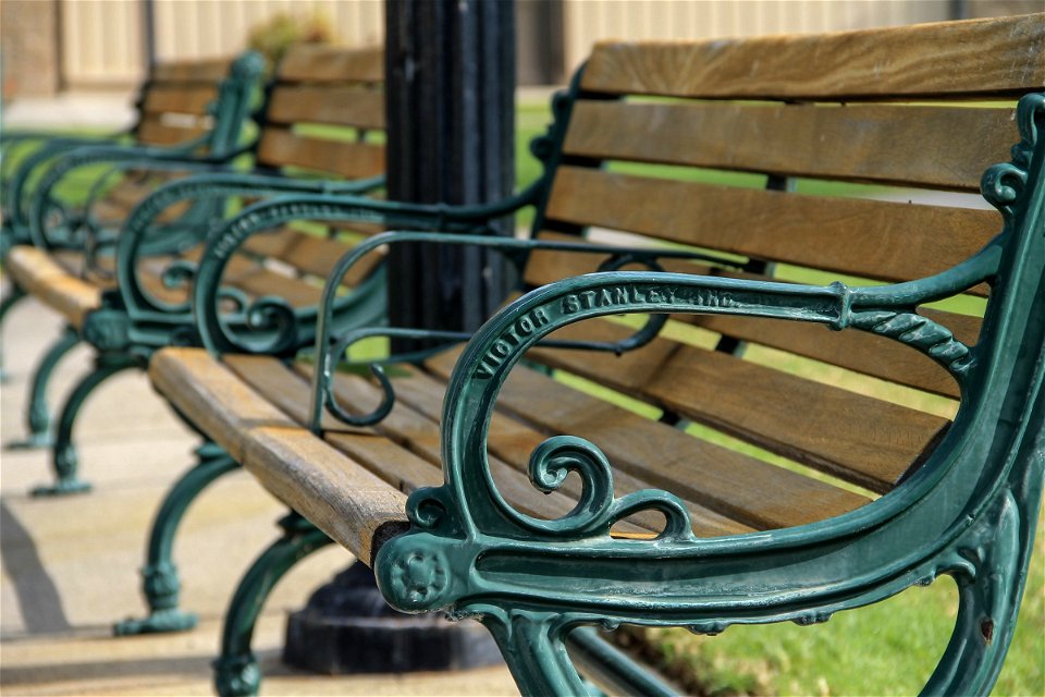 Metal & Wood Park Benches in Row