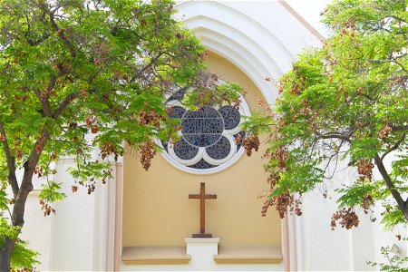 Trees in Front of Church with Cross & Mosaic photo