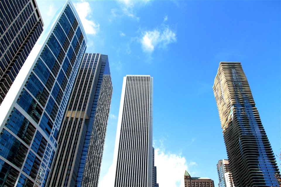 Skyscrapers Rising into Blue Sky