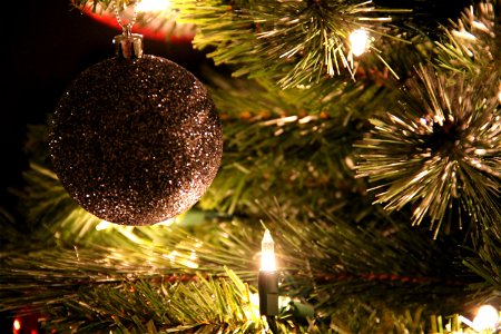 Close Up of Christmas Tree with Silver Ball Ornament photo