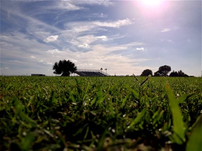 Grass Field with Bleachers in Distance photo