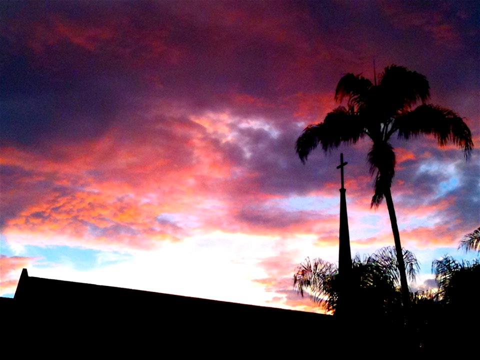 Church Steeple Silhouette on Sunset Clouds