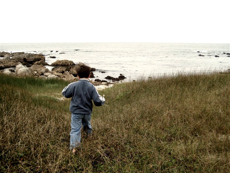 Boy Running Through Grassy Field Toward Ocean photo