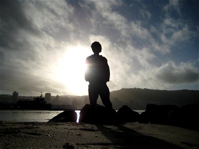 Silhouette of Man Standing on Beach Against City photo