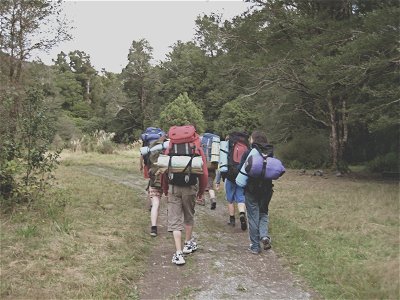Backpackers Walking Down Trail photo