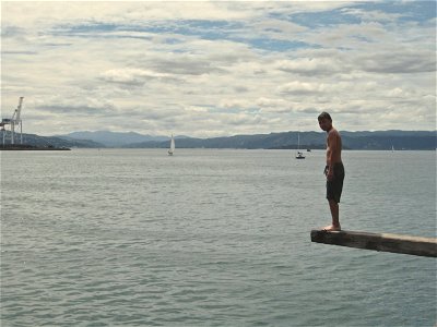 Boy Standing on Plank Over the Ocean photo
