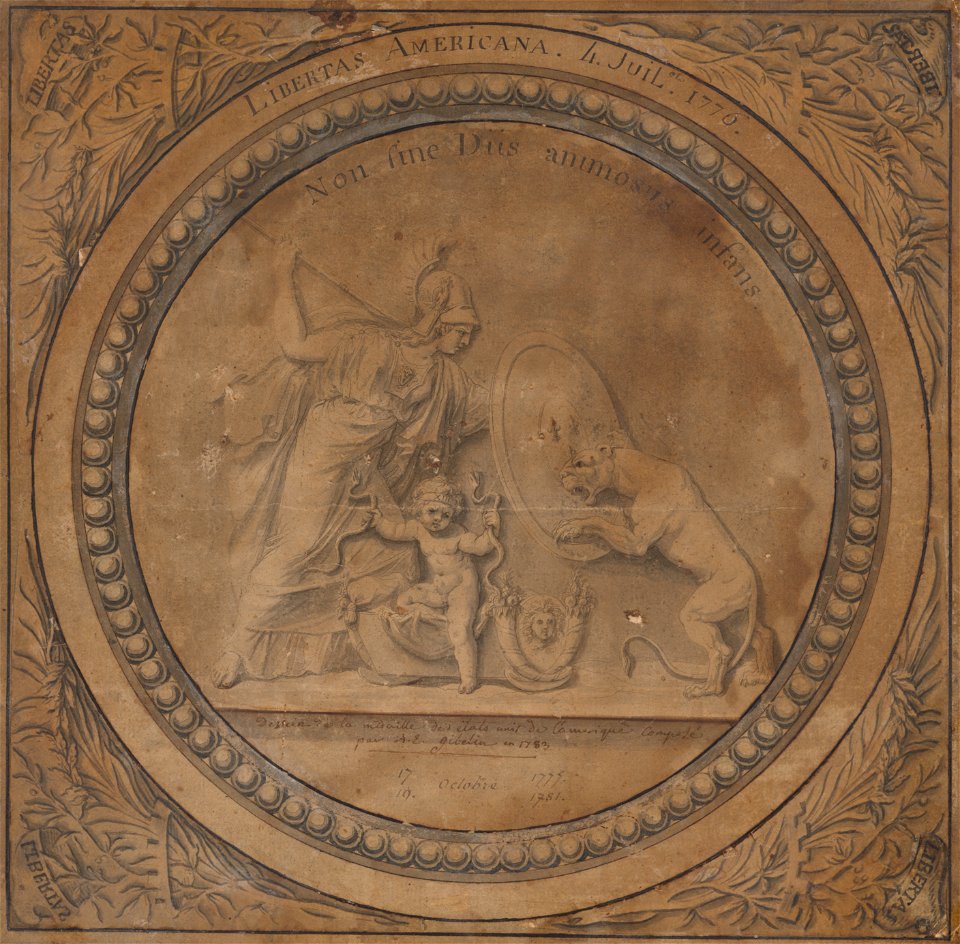 Libertas Americana. July 4, 1776. The brave child is not without the gods. Drawing of the United States of America medal designed by A.E. Gibelin in 1783