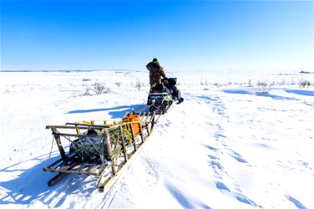 Traveling across Selawik National Wildlife Refuge with a snowmachine and basket sled. photo