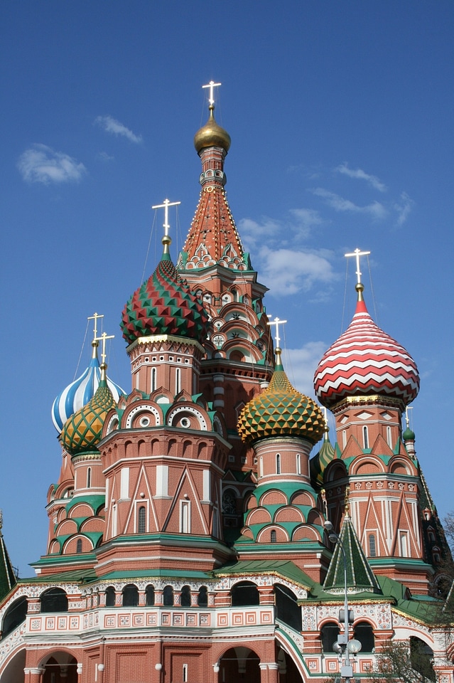 Muliticolored cupolas russian orthodox crosses cathedral