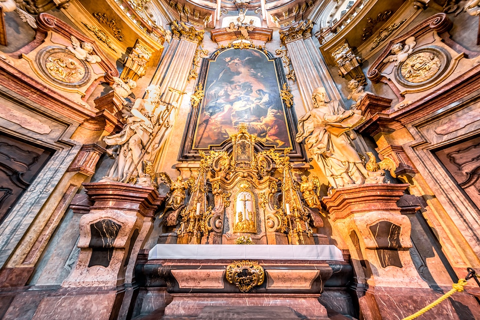 Baroque interior of St Nicholas church. Lesser town, Prague, Czech Republic