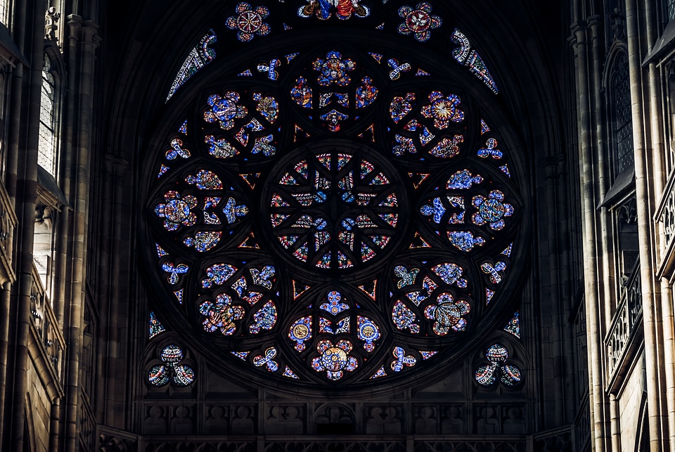 The magnificent stained glass in Prague’s St. Vitus Cathedral. Prague, Czech Republic