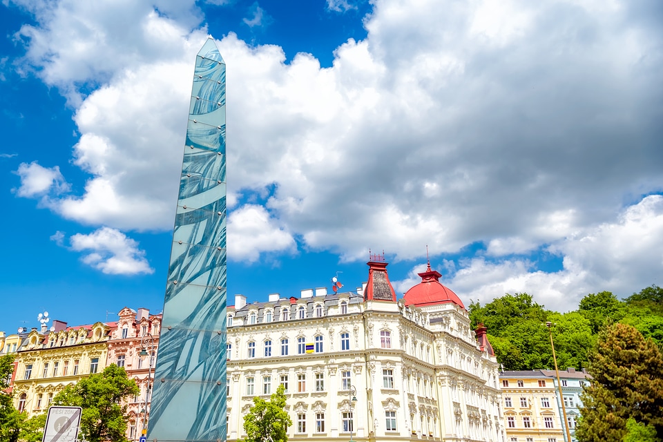 Column at Masaryka pedestrian street. Karlovy Vary, Czech Republic