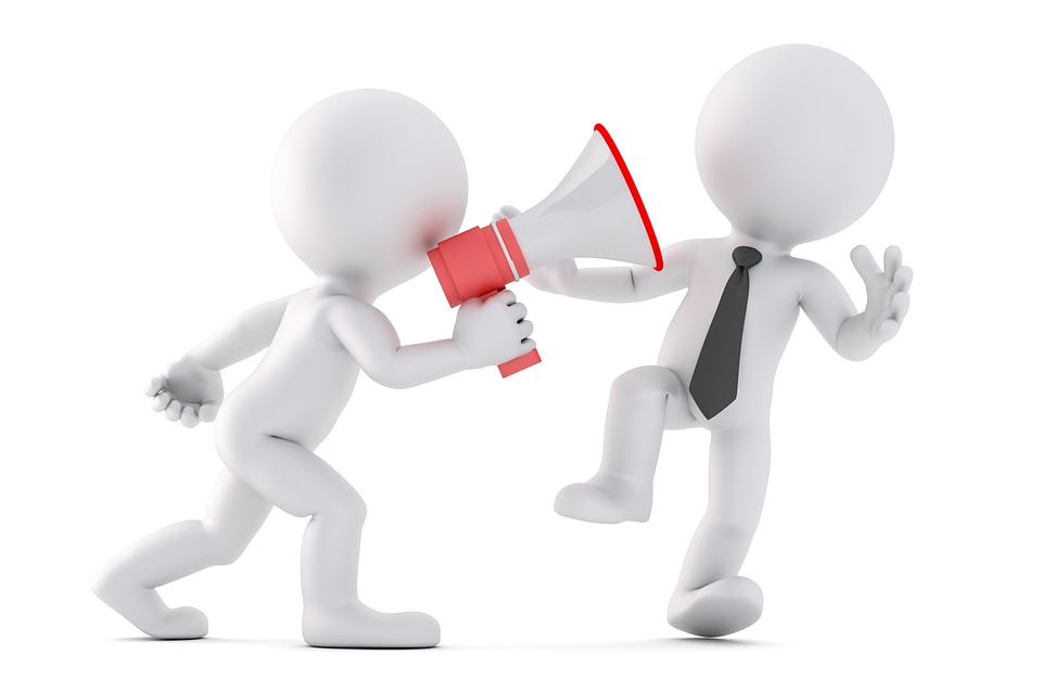 Businessman with megaphone shouting at colleague. 3D illustration. Contains clipping path