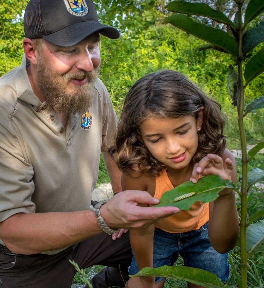 FWS employee shows young girl a Monarch caterpillar