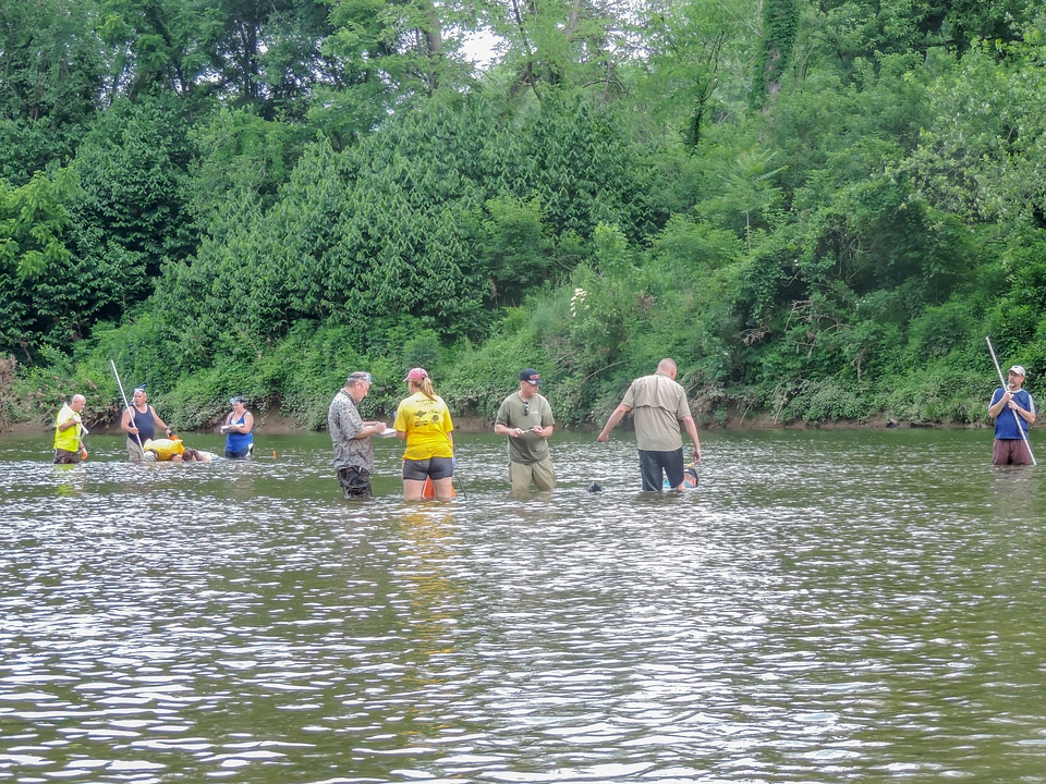 Students surveying freshwater mussels