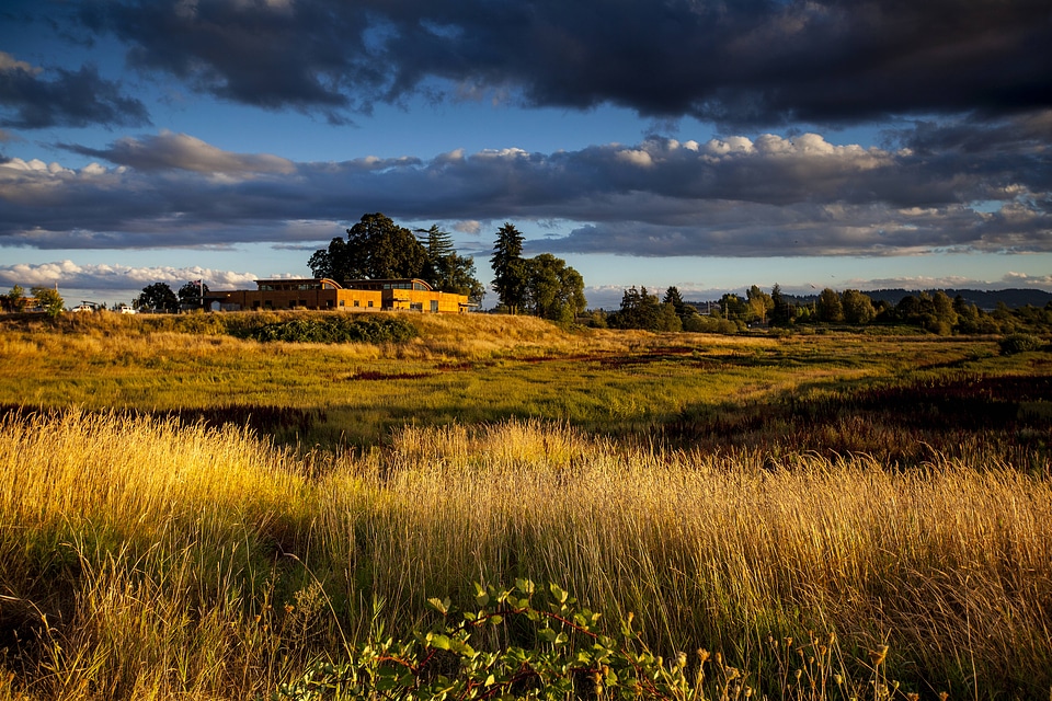 Scenic of Tualatin River National Wildlife Refuge headquarters at sunset