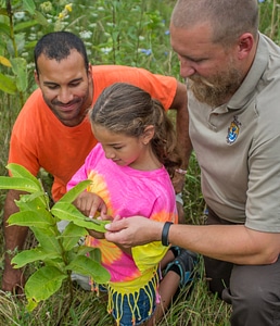FWS employee shows a young girl (and dad) a Monarch caterpillar-1