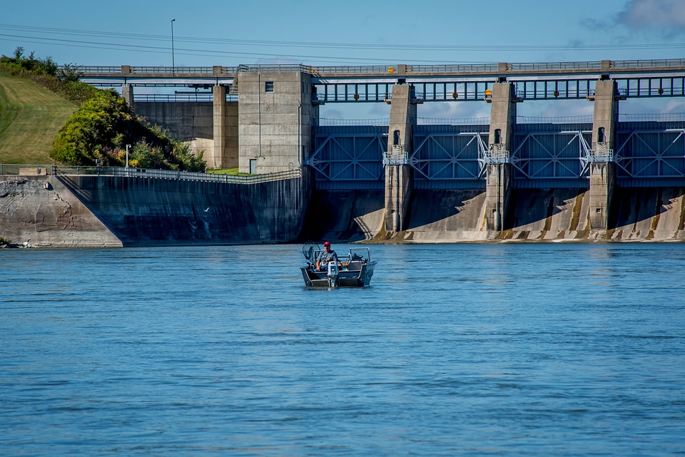 Angler in boat at Gavins Point Dam on Missouri River near Yankton, South Dakota