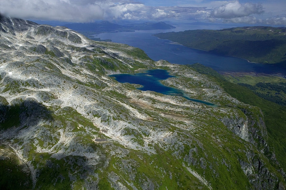 Aerial shot of snow on mountains at Kodiak National Wildlife Refuge