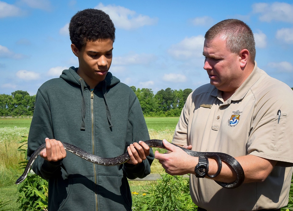 FWS Staffer shows young boy a Black Rat snake