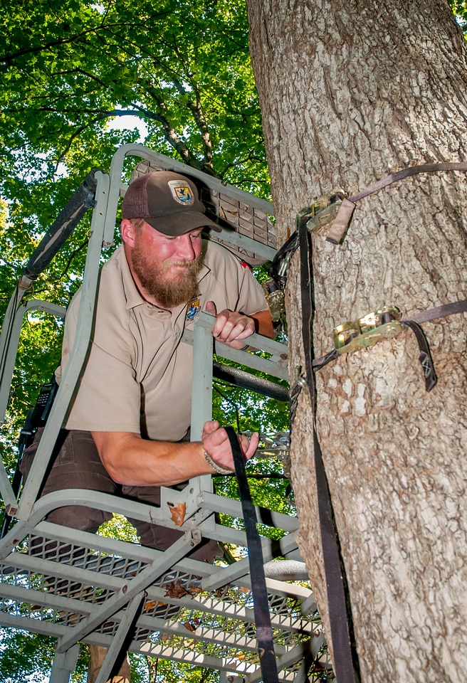 NCTC land management specialist inspecting deer stand for safety-1