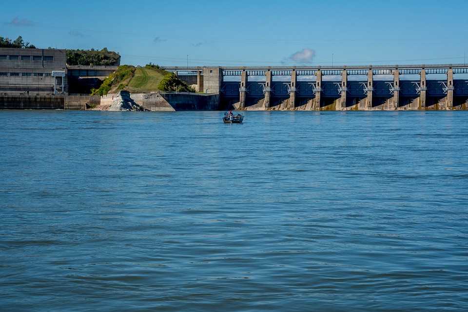 Angler in boat at Gavins Point Dam on Missouri River near Yankton, South Dakota-1
