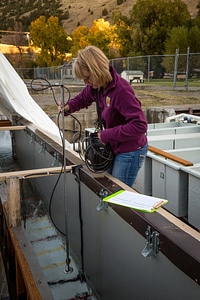 Biologist measures water velocity in a flume-1 photo
