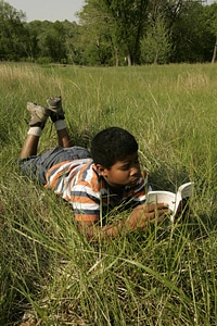 Young boy lays comfortably on a field of grass
