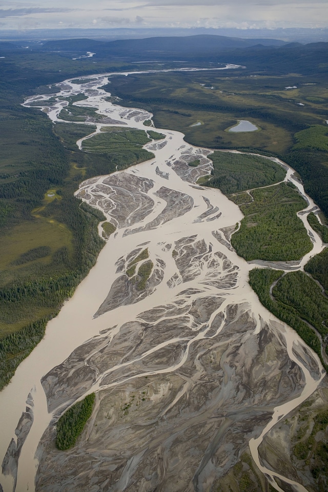 Aerial view of rivers and streams winding through Tetlin National Wildlife Refuge