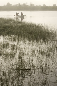 Paddling a canoe out of the fog photo