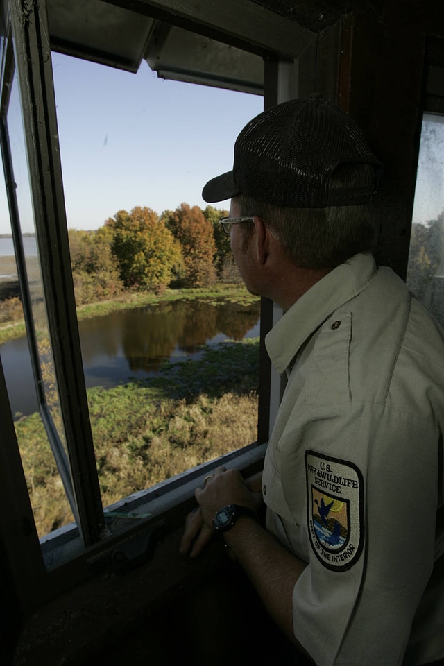 Fish and Wildlife employee looking out from  Swan Lake public tower
