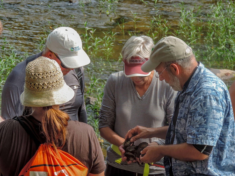 Students examine freshwater mussels on shore-1