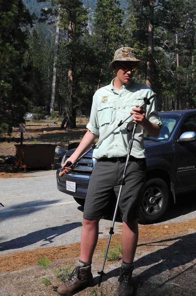Checking out equipment for hike