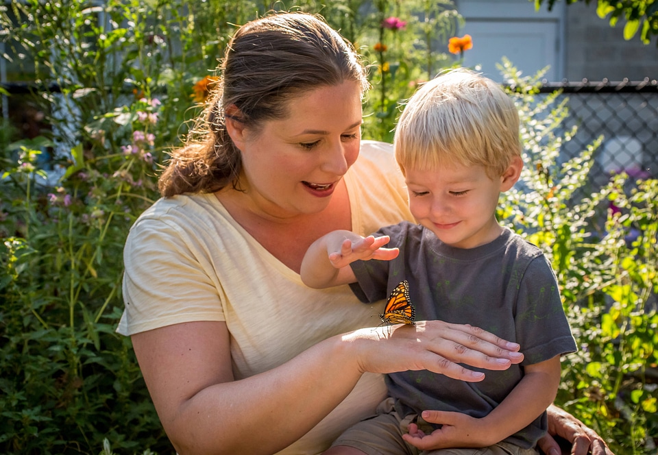 Mother and child look at monarch-2