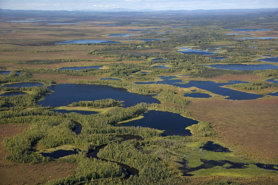 Aerial view of lakes and mountains
