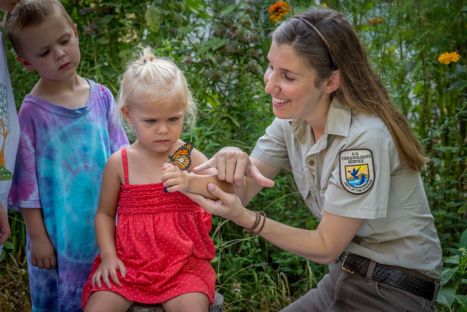 Children and fws employee look at tagged monarch