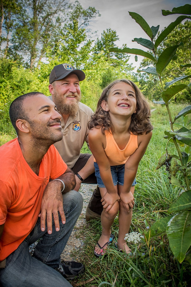 FWS worker shows young girl (and father) a Monarch chrysalis