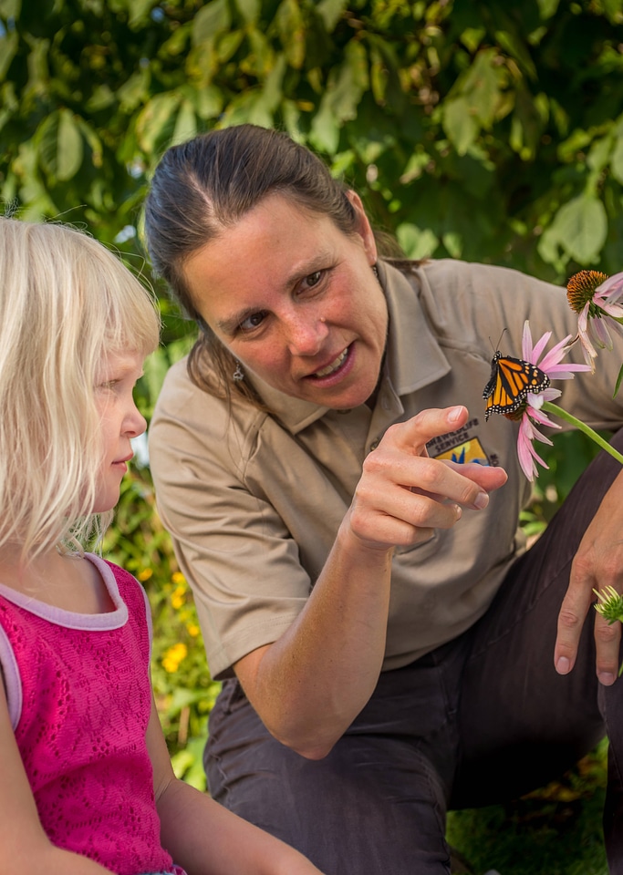 FWS employee with little girl look at monarch on flower