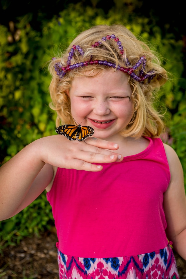 Little girl looking at monarch on hand
