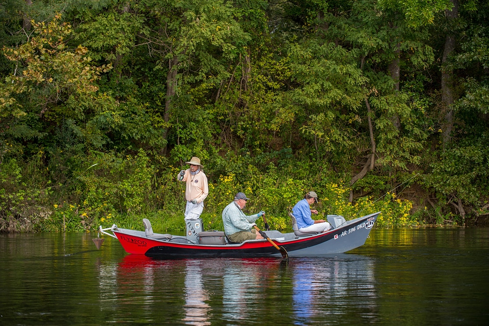 Group fly fishing from drift boat on White River-1