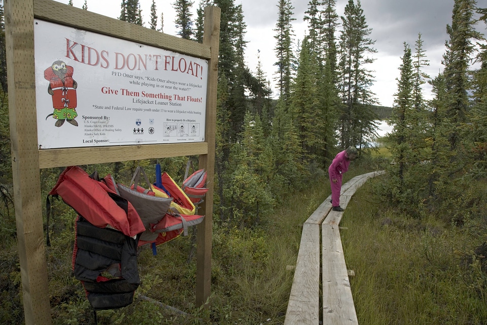 Sign for life jacket loaner station, Tetlin National Wildlife Refuge
