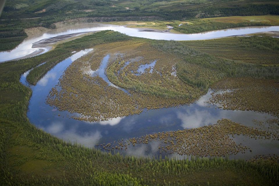 Aerial of lakes and rivers with wetlands at Tetlin National Wildlife Refuge