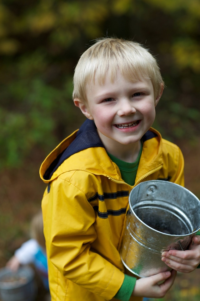Young boy collects acorns