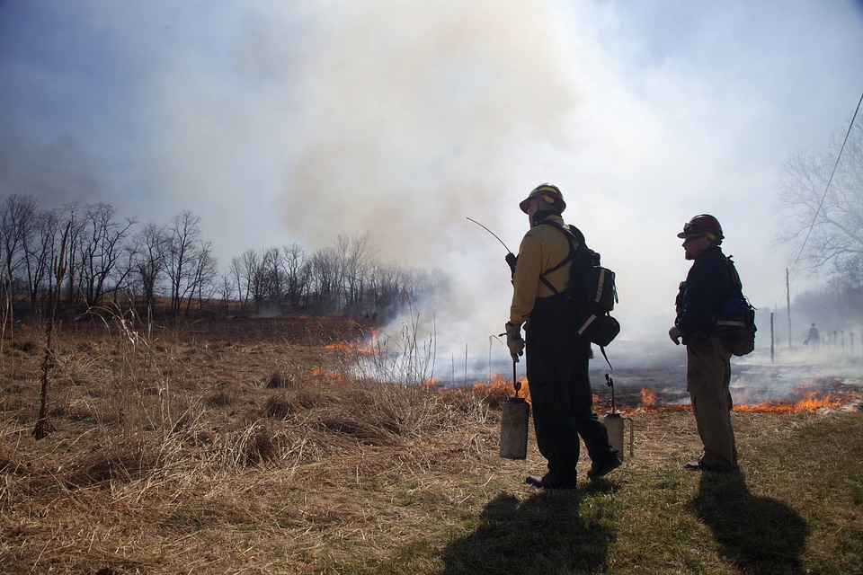 Two firefighters stand by burn area