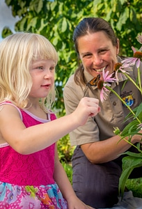 FWS employee with little girl looking at monarch