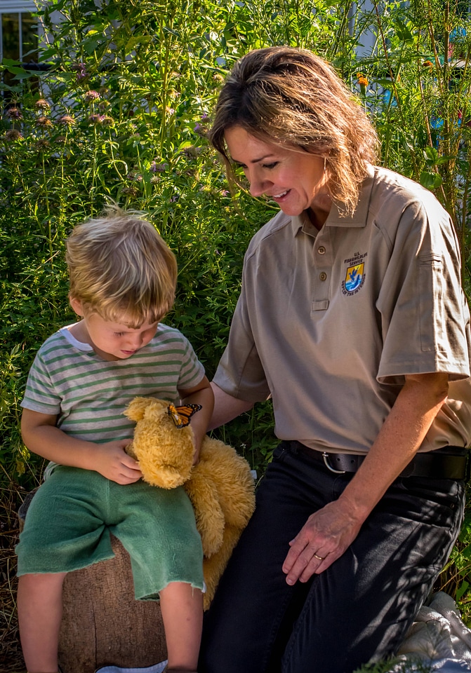 FWS employee and child look at tagged monarch on stuffed bear-1